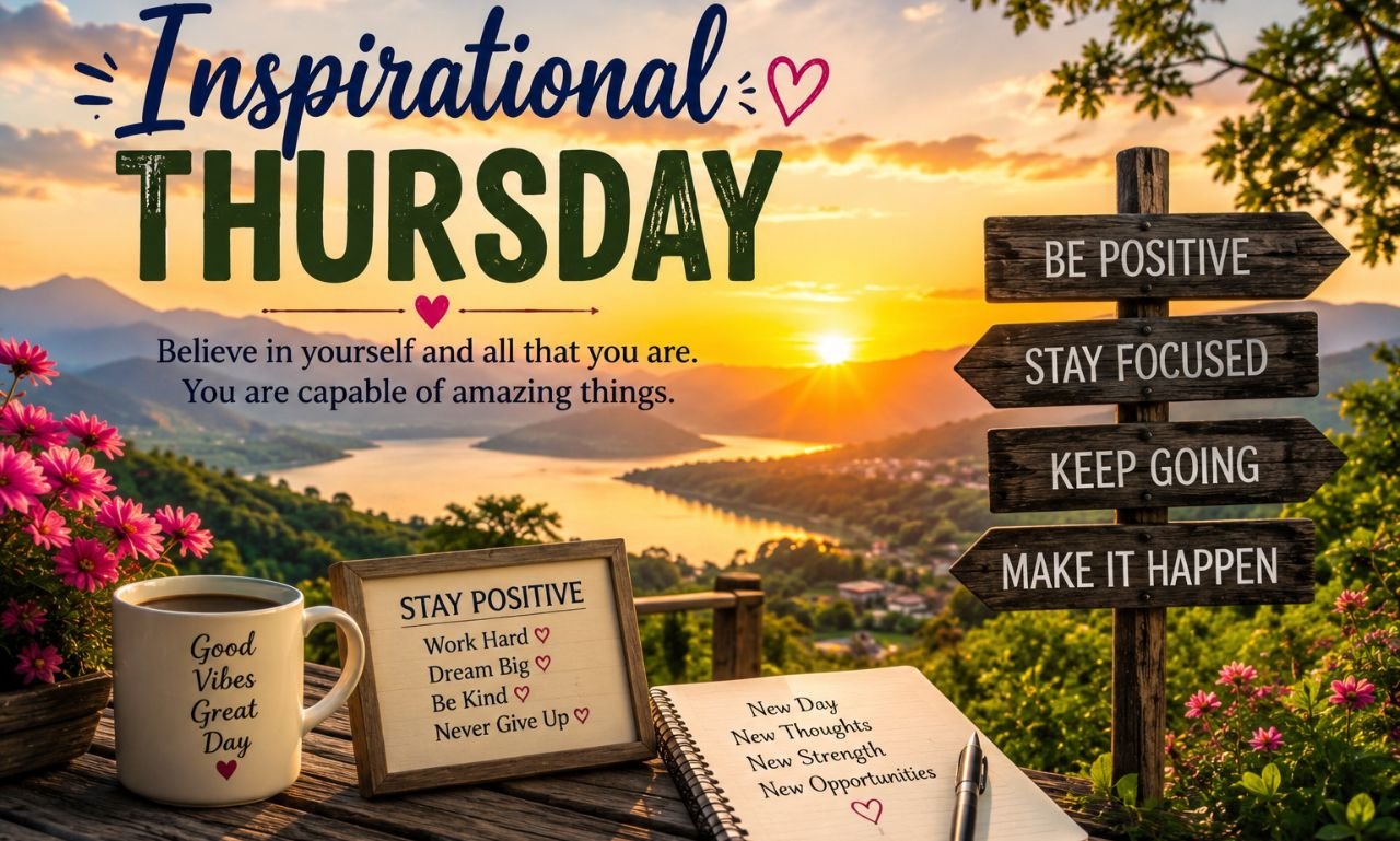 Inspirational Thursday Blessing message displayed over a serene sunrise landscape with warm golden light