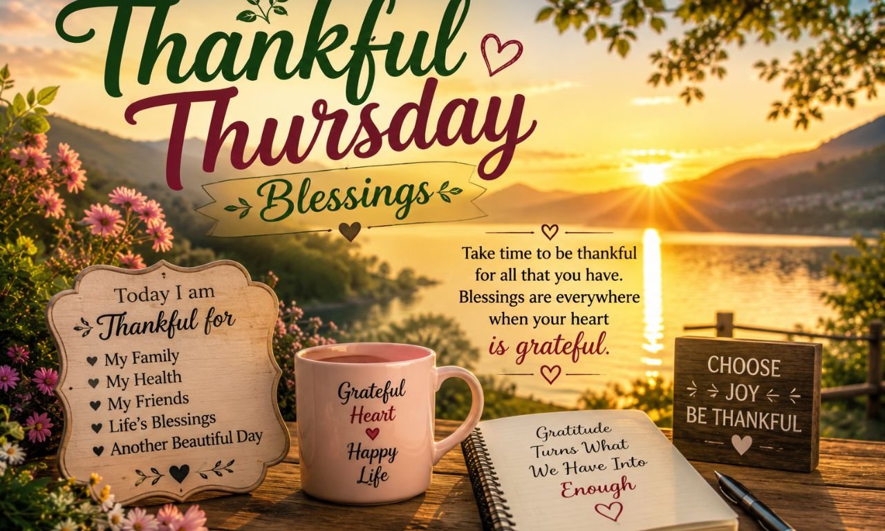 Thankful Thursday Blessings message over a peaceful sunrise scene with warm golden light and a feeling of gratitude