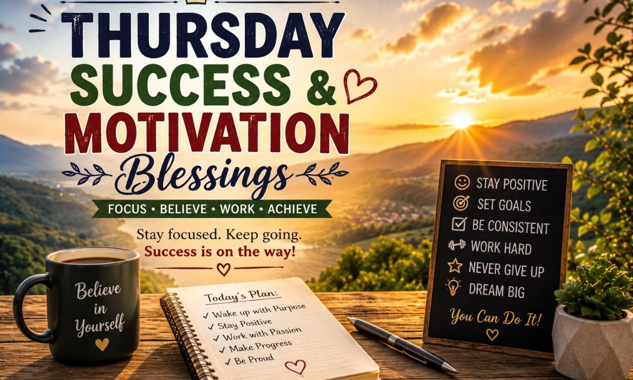 Thursday Success and Motivation message over a bright sunrise landscape with an inspiring and uplifting theme