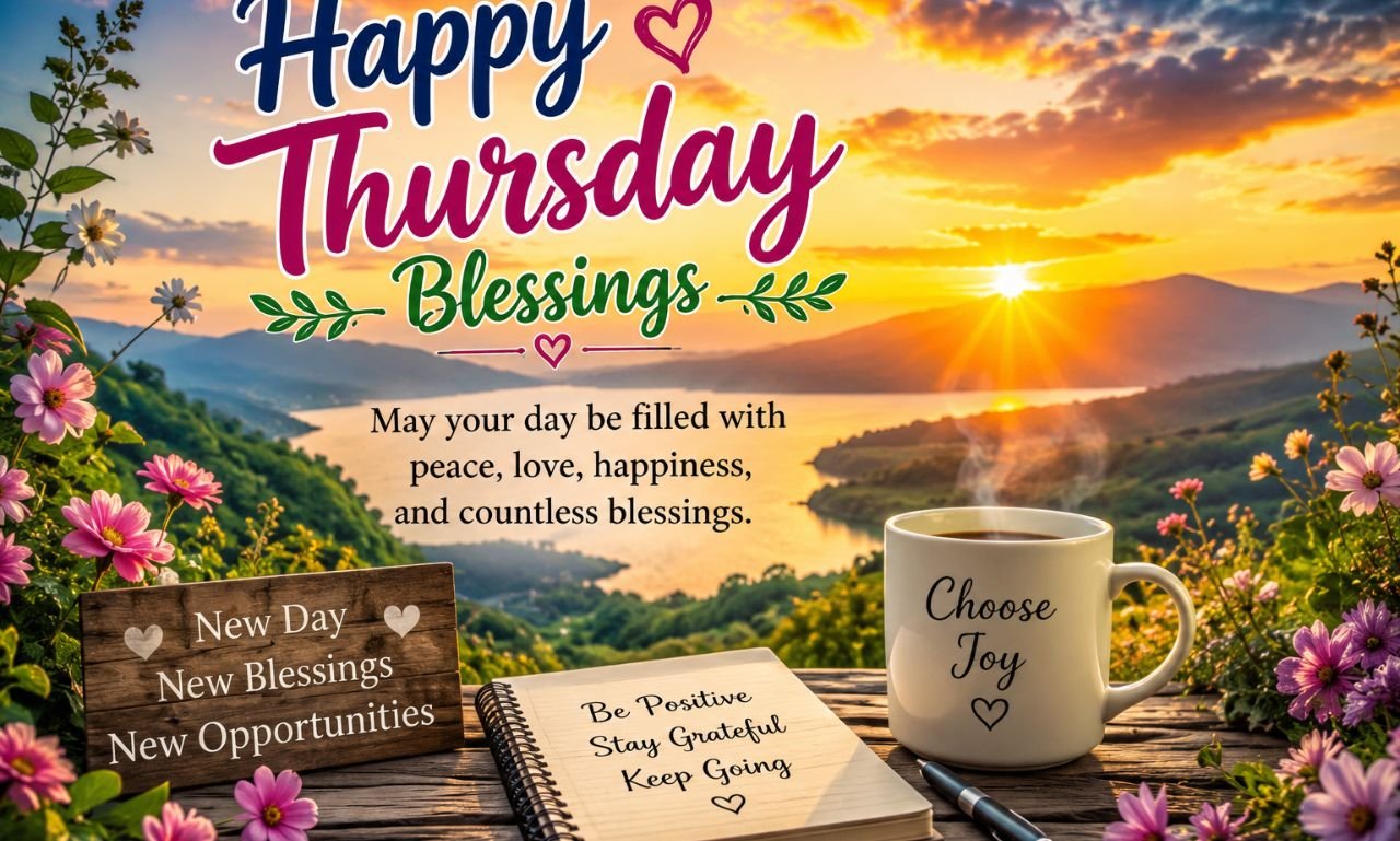 Happy Thursday Blessings message over a beautiful sunrise landscape with warm golden light and peaceful scenery