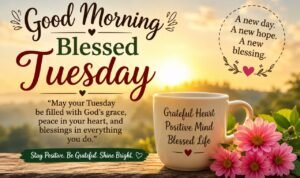 Good morning blessed Tuesday quote with sunrise background, coffee mug, flowers, and inspirational positive message