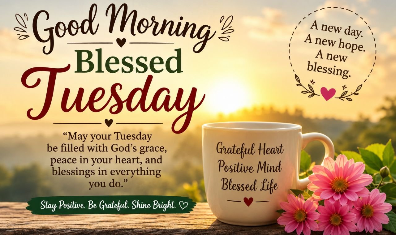 Good morning blessed Tuesday quote with sunrise background, coffee mug, flowers, and inspirational positive message