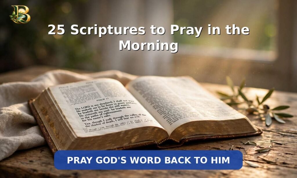 25 scriptures to pray in the morning - open Bible bathed in morning sunlight