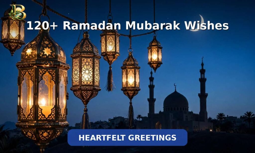 120+ Ramadan Mubarak wishes - glowing lanterns with mosque silhouette at dusk